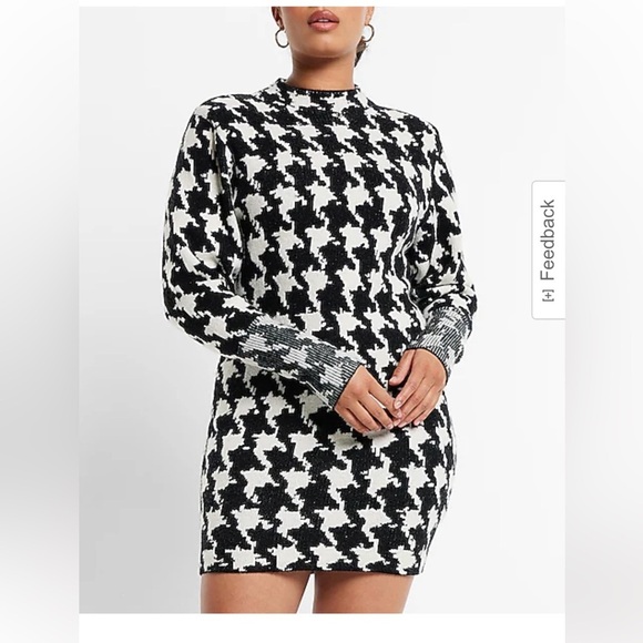 Express Houndstooth Print Mini Sweater Dress in Black & White - Picture 2 of 16